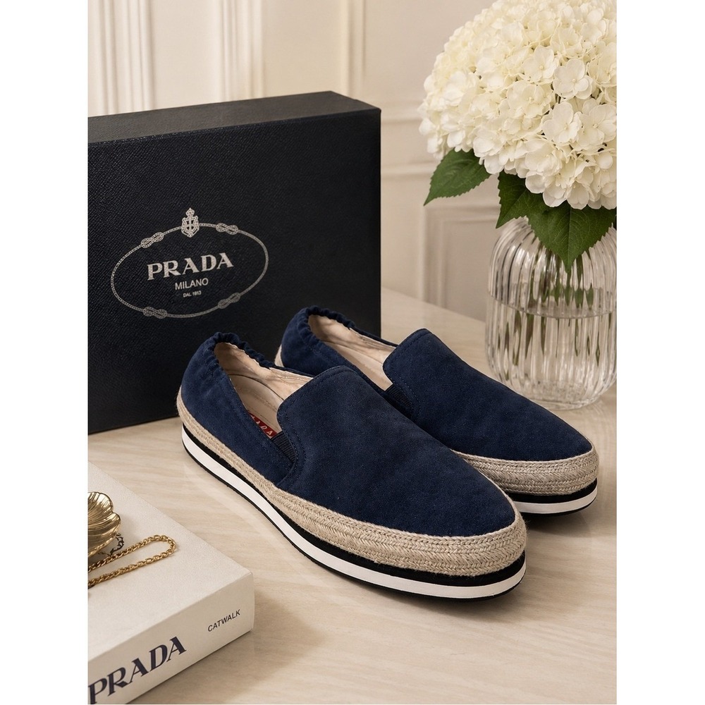 PRADA Navy Blue Suede Espadrille Platform Slip on Sneakers IT 37 US 7